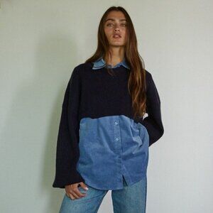 Mallory Navy Blue Sweater with Sleeveless Corduroy Button Down